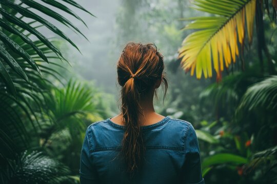 Woman exploring tropical rainforest enjoying lush green nature during rainy season