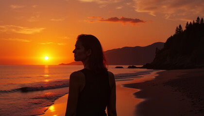 Fototapeta premium Woman admiring sunset on beach at dusk, celebrating International Women's Day