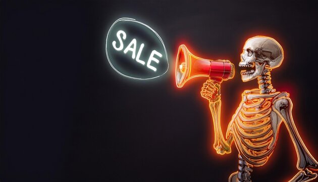 Arafed skeleton with a megaphone in his hand and a sale sign in the other hand