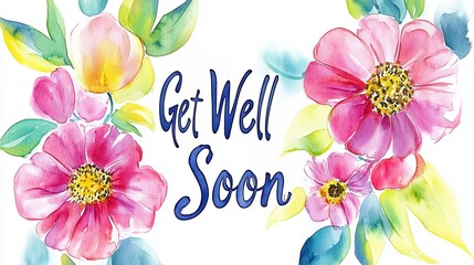 Get well soon card with watercolor pink flowers design, expressing wishes for a speedy recovery.