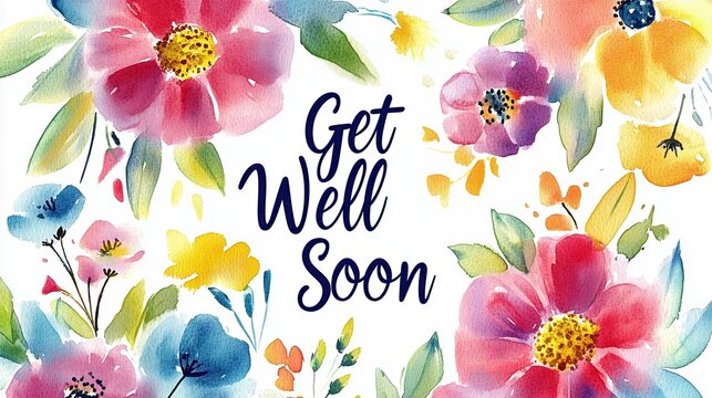 Get well soon card with watercolor flowers, expressing wishes for a speedy recovery.