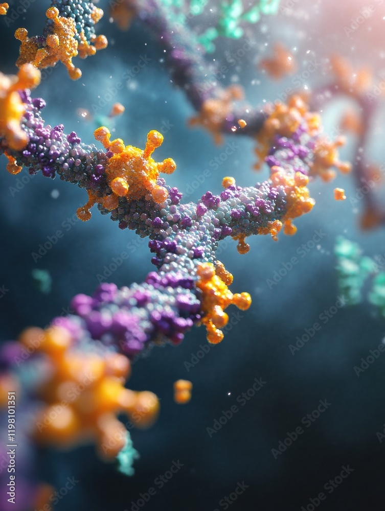 Aufkleber Close up view of molecular RNA chain surrounded by viral structures showcasing cellular interaction and complexity. Generative AI