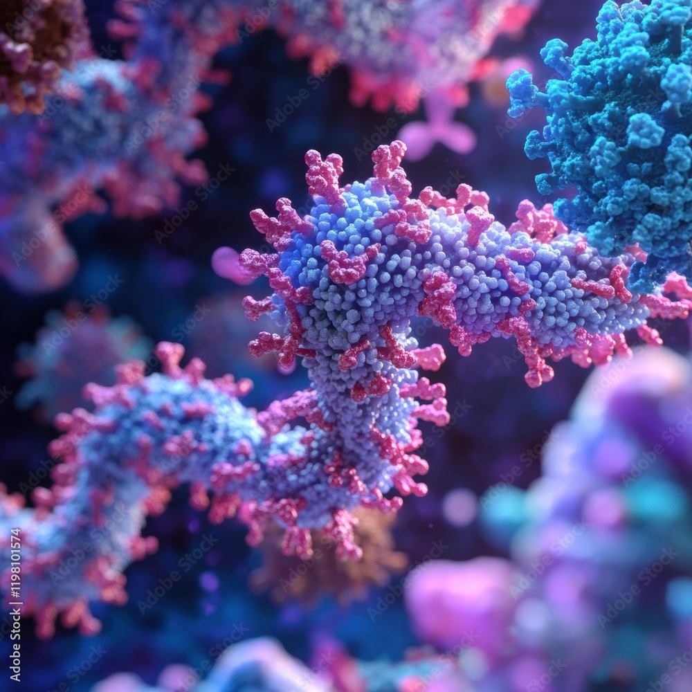 Fototapete Molecular RNA chain surrounded by viruses in a vibrant scientific representation of cellular structure. Generative AI