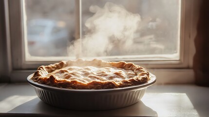 A freshly baked pie cooling on a windowsill with steam rising from it 