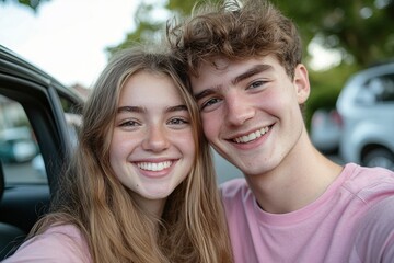 Obraz premium Cheerful young couple capturing a selfie outdoors with radiant smiles and natural lighting
