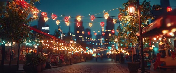 Night market street scene with colorful lanterns and people.