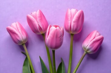 Fototapeta premium Pink tulips on a lilac background. Spring flowers. Spring card. Postcard for Women's Day and Mother's Day.