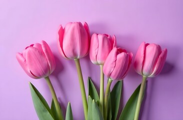 Fototapeta premium Pink tulips on a lilac background. Spring flowers. Spring card. Postcard for Women's Day and Mother's Day.
