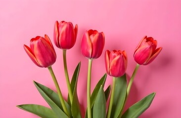 Fototapeta premium Pink tulips on a pink background. Spring flowers. Spring card. Postcard for Women's Day and Mother's Day.