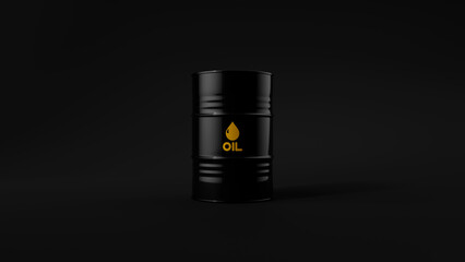 Single black metal oil barrel on black background. Front view. Oil industry concept. 3d render illustration