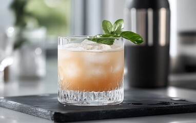 A beautifully crafted cocktail sits on a black slate surface, featuring ice cubes and a fresh basil leaf, illuminated by natural light in a modern kitchen