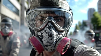 A group of masked individuals navigate a smoke-filled urban environment, showcasing their resolve and preparedness during a tense moment. Their protective gear signifies urgency and alertness