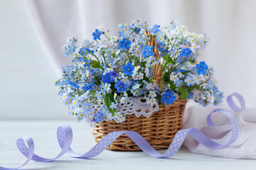 Spring blue forget-me-not flowers, omphalodes in a basket, bouquet with ribbon on a white table.