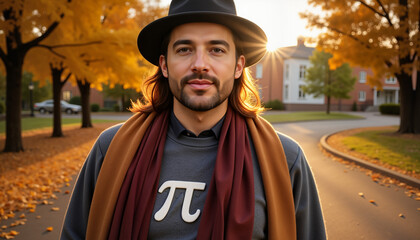 Man celebrating Pi Day in autumn setting, joyful expression