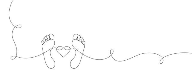Bare feet with heart and infinity sign drawn in one continuous line. Vector print of women's feet in simple linear editable style. Foot Massage. Concept of love and cosmetic foot care.