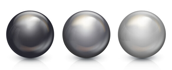 Silver and black glass balls set. Realistic 3D orb with glares and highlights for decoration. Jewelry gemstone. Vector illustration for your design