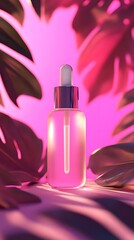 Pink Serum Bottle Amongst Tropical Leaves