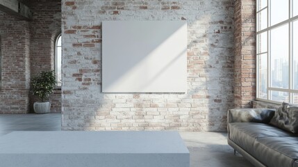 Blank canvas mockup, loft interior, sunlight, city view, product display