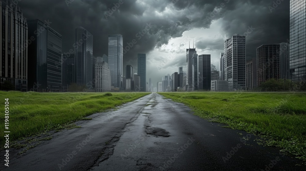 Poster a city street with a large building in the background. the sky is dark and cloudy. scene is ominous 
