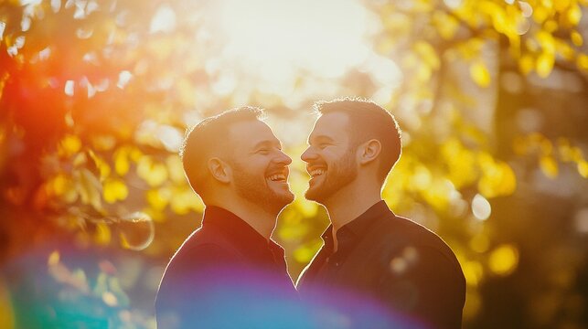 Two cheerful men laughing together under vibrant neon lighting with joyful expressions