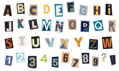 A set of alphabets cut out from a magazine or newspaper in pop art style. Cut out letters and numbers on a transparent background, PNG.
