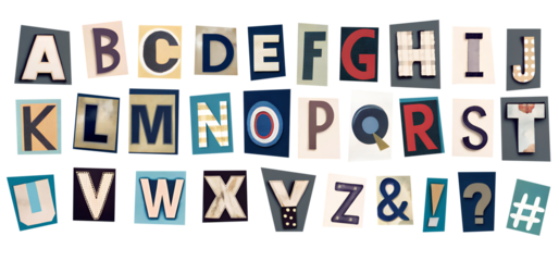 A set of alphabets cut out from a magazine or newspaper in pop art style. Cut out letters on a transparent background, PNG.