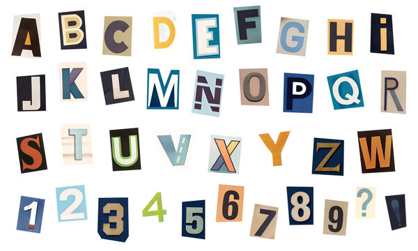 A set of alphabets cut out from a magazine or newspaper in pop art style. Cut out letters and numbers on a transparent background, PNG.