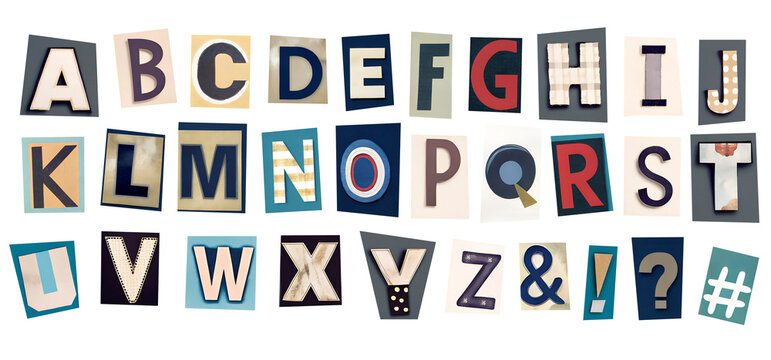 A set of alphabets cut out from a magazine or newspaper in pop art style. Cut out letters on a transparent background, PNG.