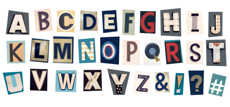 A set of alphabets cut out from a magazine or newspaper in pop art style. Cut out letters on a transparent background, PNG.