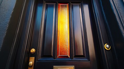 A dark wood front door with a vertical stripe of colorful stained glass 