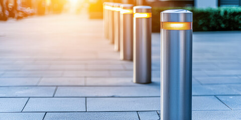 Steel bollards with reflective colored strip on a city street. Parking or pedestrian zone limiters, safety 