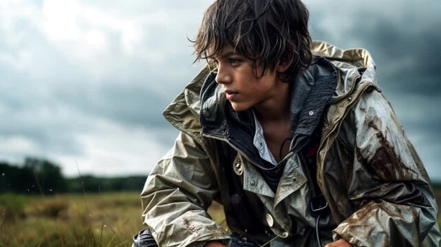 boy in the field in the rain