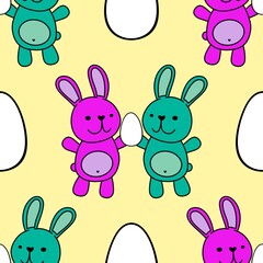 Easter rabbits seamless spring animals and eggs pattern for wrapping paper and fabrics