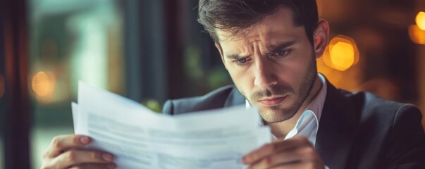Serious businessman reviewing corporate financial documents, concerned about the future market