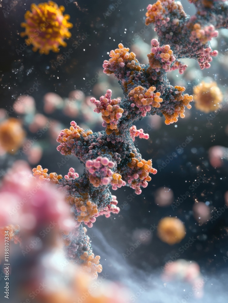 Leinwandbilder close up of molecular rna chain with surrounding viruses in a microscopic environment showcasing bio