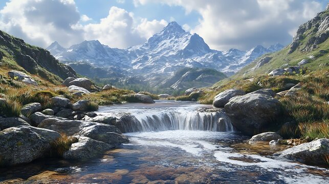 A crystal-clear mountain stream cascading over smooth rocks 