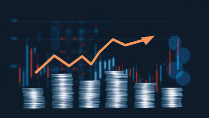 Coin piles with forex chart interface and arrow on blurry city background. Money and stats concept. Double exposure 
