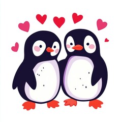 Fototapeta premium Loving penguins couple, Valentine's Day, hearts, white background, romantic card