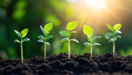 Seedlings Growing in Soil Under Sunlight:  Nature's Resilience and Growth.  Early Stages of Plant Development.