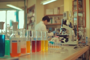 Laboratory setup with various colored test tubes and a microscope amidst research activities. Generative AI