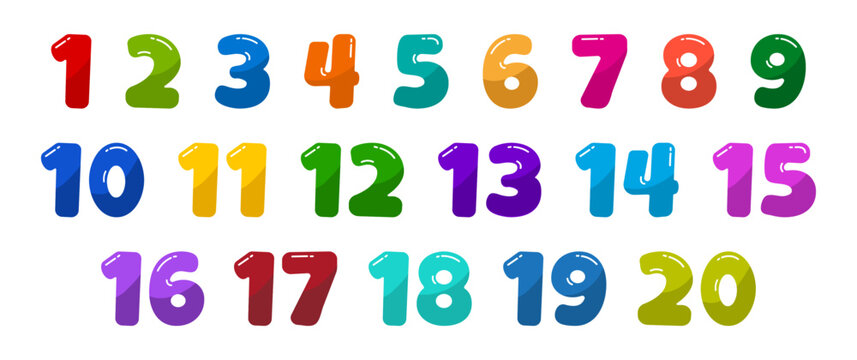 Cartoon number from one to twenty, cute kid math font, school funny 1 to 20 letter, alphabet colorful bubble, children education figure set isolated on white background. Learn vector illustration