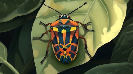 A colorful shield bug with geometric patterns on its back crawling on a leaf 