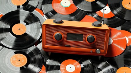 World Radio Day Vintage radio surrounded by vinyl records.
