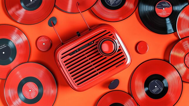 World Radio Day Red retro radio surrounded by vinyl records. - Powered by Adobe