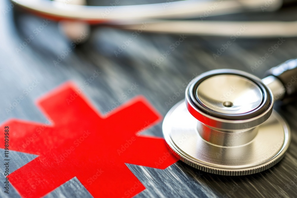 Aufkleber Red cross with stethoscope creating a medical symbol on a table in a healthcare setting for patient care and awareness. Generative AI