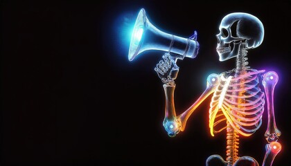 Skeleton with a megaphone in his hand and a glowing skeleton in the background