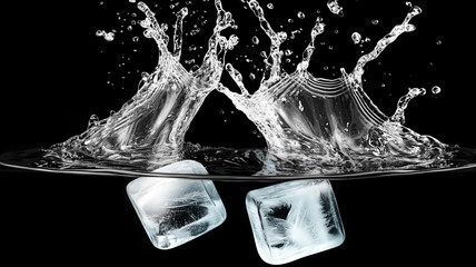 flying ice cubes splashing into water. isolated on black background
