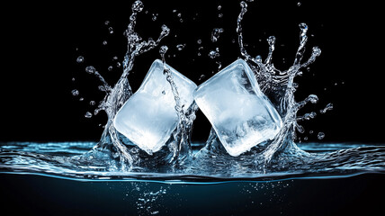 flying ice cubes splashing into water. isolated on black background
