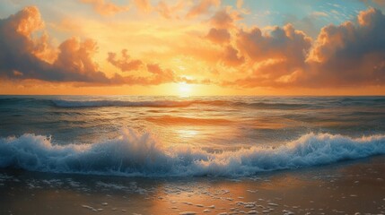 Fototapeta premium Tranquil Ocean Sunset with Vibrant Clouds and Gentle Waves