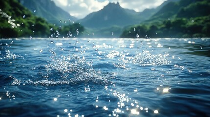 Serene river landscape with sparkling water droplets, surrounded by lush mountains and vibrant nature